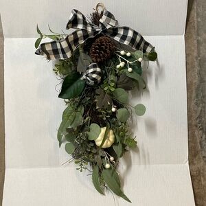 Hobby Lobby‎ fall pumpkin and pine cone Buffalo flannel ribbon teardrop wreath